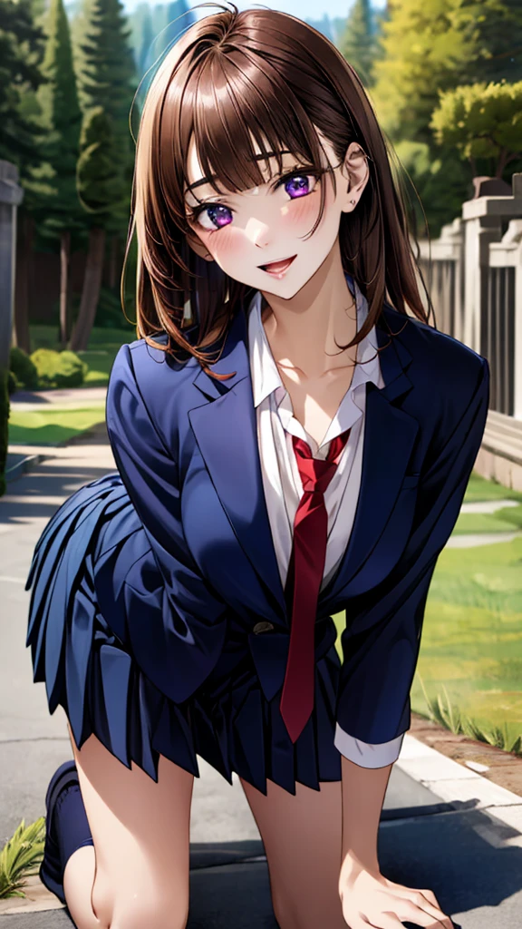 (masterpiece:1.3, top-quality, ultra high res, ultra detailed), (realistic, photorealistic:1.4), beautiful illustration, perfect lighting, natural lighting, colorful, depth of fields,
beautiful detailed hair, beautiful detailed face, beautiful detailed eyes, beautiful clavicle, beautiful body, beautiful chest, beautiful thigh, beautiful legs, beautiful fingers,
looking at viewer, 1 girl, japanese, high school girl, perfect face, (perfect anatomy, anatomically correct), cute and symmetrical face, babyface, , shiny skin,
(long hair:1.5, straight hair:1.4, purple brown hair), blunt bangs, purple eyes, long eye lasher, (medium breasts), slender,
(((navy) blazer, collared white shirt, navy pleated skirt, dark red tie)), navy school socks, ,
(beautiful scenery), evening, (school gate), standing, call on phone, (seductive smile, open mouth), One large dog on all fours, a girl, in a grassy field, on all fours, the dog is holding the woman from behind, and they are mating with their hips close together.
The woman's face is bright red and flushed with embarrassment.