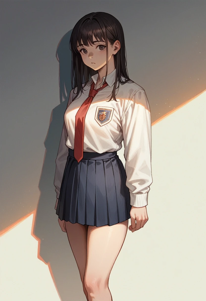 , Huge_chest, Are standing, alone, School_uniform_white_shirt_grey_mini skirt_black_sweater_red_tie, masterpiece, Highest quality, Detailed face, Fine grain, High resolution,