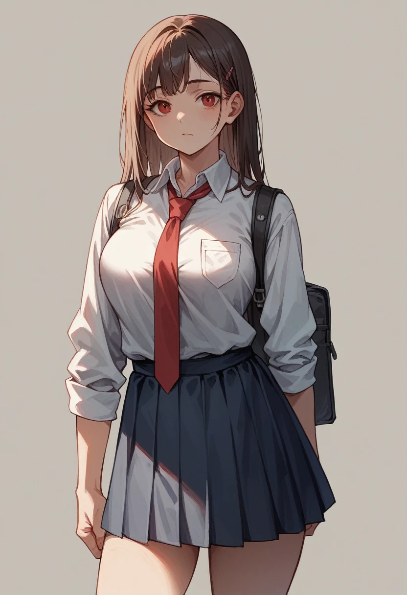 , Huge_chest, Are standing, alone, School_uniform_white_shirt_grey_mini skirt_black_sweater_red_tie, masterpiece, Highest quality, Detailed face, Fine grain, High resolution,