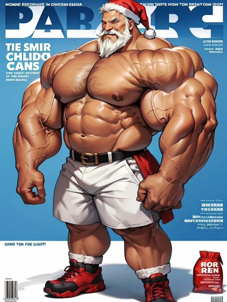 Magazine cover. solo, 1boy, perfect anatomy, ground view, wrinkles skin, low shoot, down view, perfect proportion, thick body, thick thighs, big red bag, big eyes, smile, santa claus, perfect fingers, big hand, fingers. Huge Muscular Old man with short hair, shoes ,(white shorts), view from side, pectoral, thick arms, huge pectoral, wide pectoral, white hair, white beards, simple background, masterpiece, semirealistic:1.2, high detailed, 8k, high resolution, perfect center, full view. ((really big muscle, massive muscular, sixpack, thick arms, wide pectoral, super huge muscle, hyper muscular, over sized muscle, huge arms, big arms, huge pectoral))