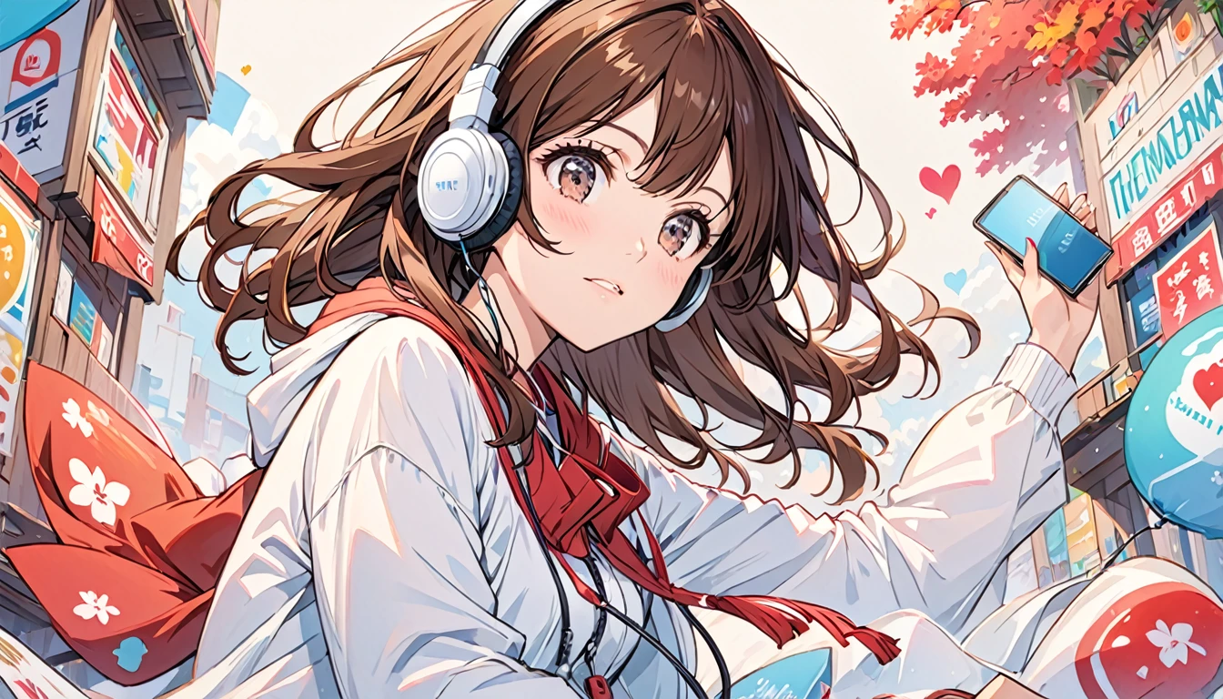 Girl wearing headphones,Brown Hair,One girl,It&#39;s raining outside,fun,bright,The girl is not wet from the rain,Under the roof