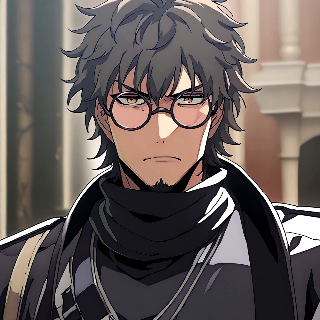 Anime man, shaved beard, serious face, black fluffy messy hair, black suit, cool, ((best quality)), black scarf, black waist straps, Fanny pack across shoulder, circle glasses