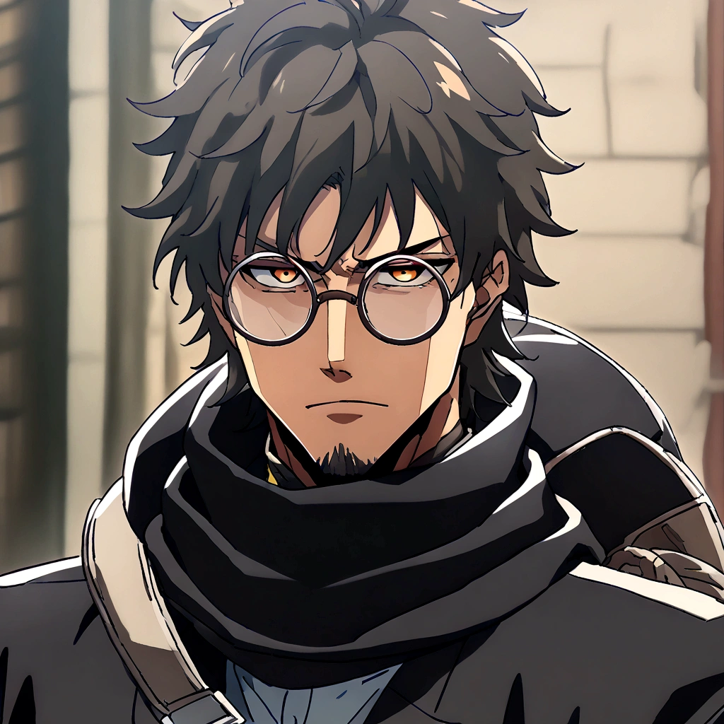 Anime man, shaved beard, serious face, black fluffy messy hair, black suit, cool, ((best quality)), black scarf, black waist straps, Fanny pack across shoulder, circle glasses