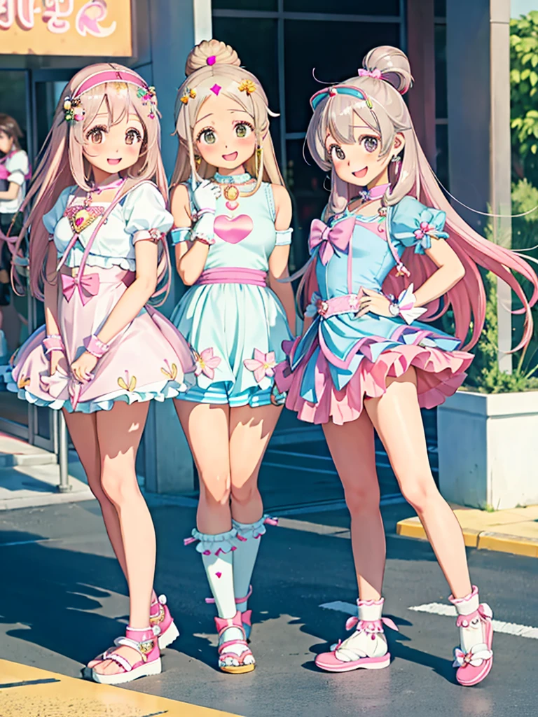 detailed background、highest quality、teenage beauty((3 people:1.5))、cute hairstyle、Japanese:1.5,huge breasts、smile、(very tight magical girl:1.4)、Choose tight magical girl clothes with floral patterns or pastel colors、Pair your feet with flat sandals or sneakers..、Add accents with a basket bag or headband、By incorporating spring-like bright colors and patterns,、,、Creates a gorgeous and cute impression