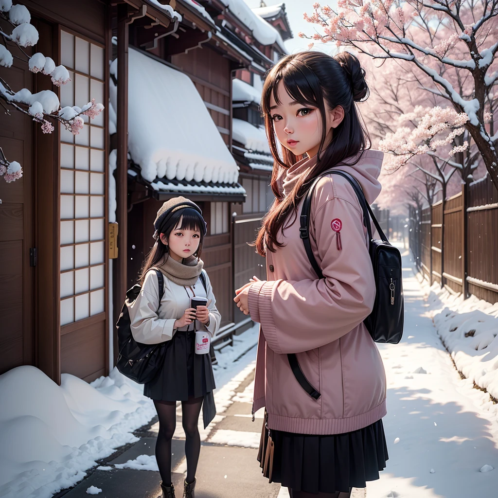 young woman living with aesthetics atmosphere of Japanese cities There are cherry blossoms and snow.