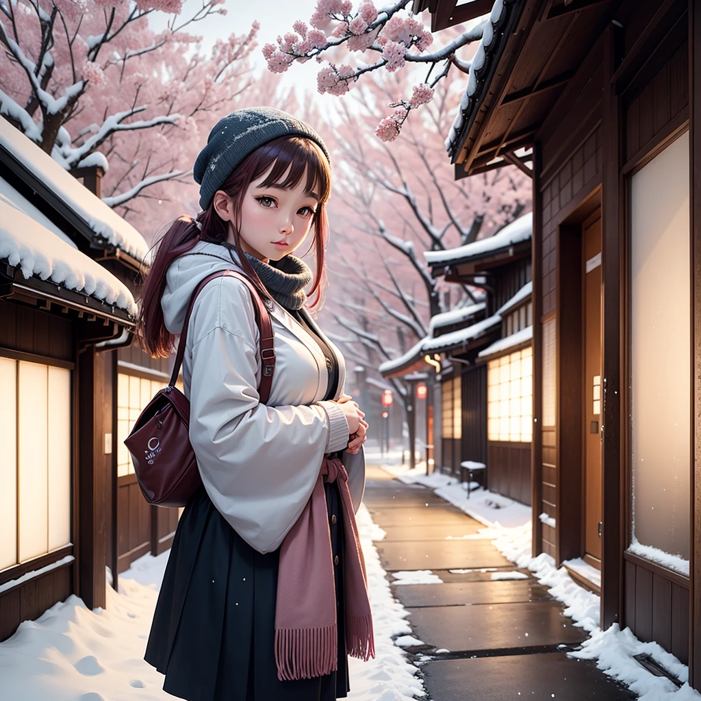 young woman living with aesthetics atmosphere of Japanese cities There are cherry blossoms and snow.