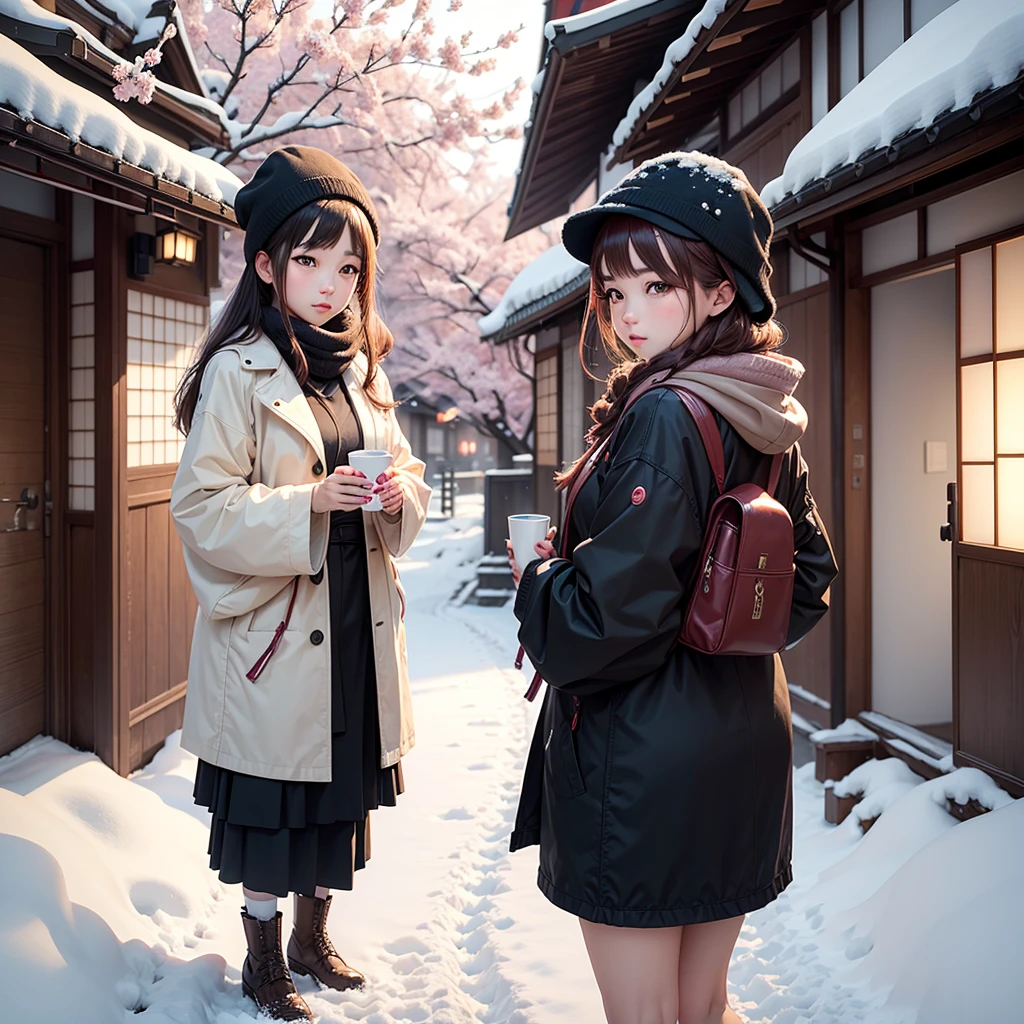 young woman living with aesthetics atmosphere of Japanese cities There are cherry blossoms and snow.