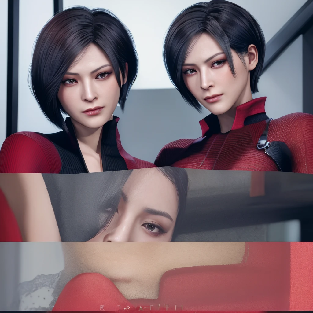 Ada Wong, beautiful face, detailed, bob hair, perfect Face, wearing red dress, black nail polish, friendly face, glare, shy & Peter Parker, handsome face, detailed, brown hair, blue eyes, perfect face, wearing a black suit, friendly face, glare. (Pose hugging)