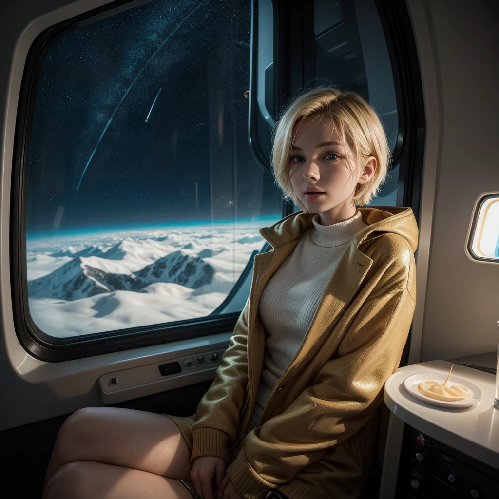 A young sexy blonde woman with short hair and warm clothes sits on a seat in a spaceship and the window can show beautiful stars