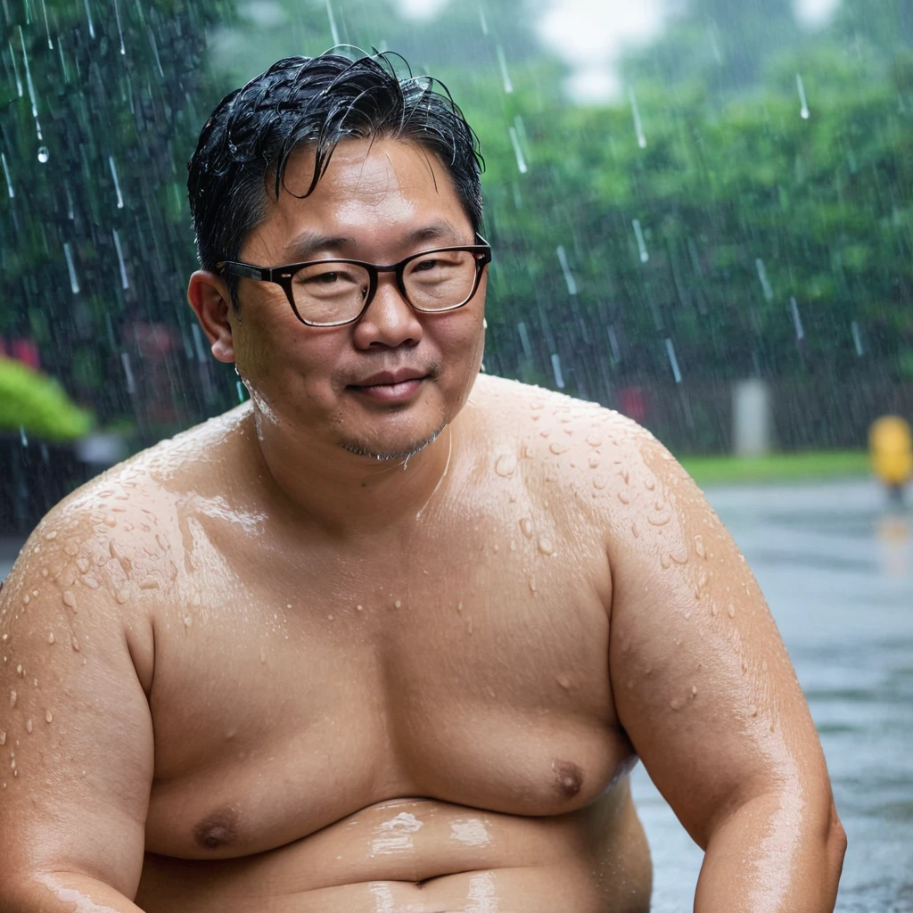 Male, Asian, fat, Chubby, 50 years old, wearing glasses, short hair, shirt off, Shirtless, Sitting, wet from the rain