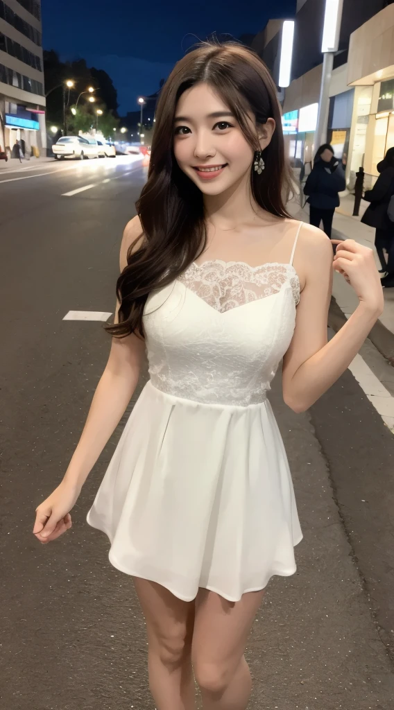 (((Yumikanok))),((Best quality, 8k, Masterpiece :1.3)), 1girl, smiling, full body, slim face, Pretty woman, (Dark brown hair), full white length dress :1.1, Ultra-detailed face, Detailed eyes, Double eyelid,  blur background, slim face, night city, outside, street,