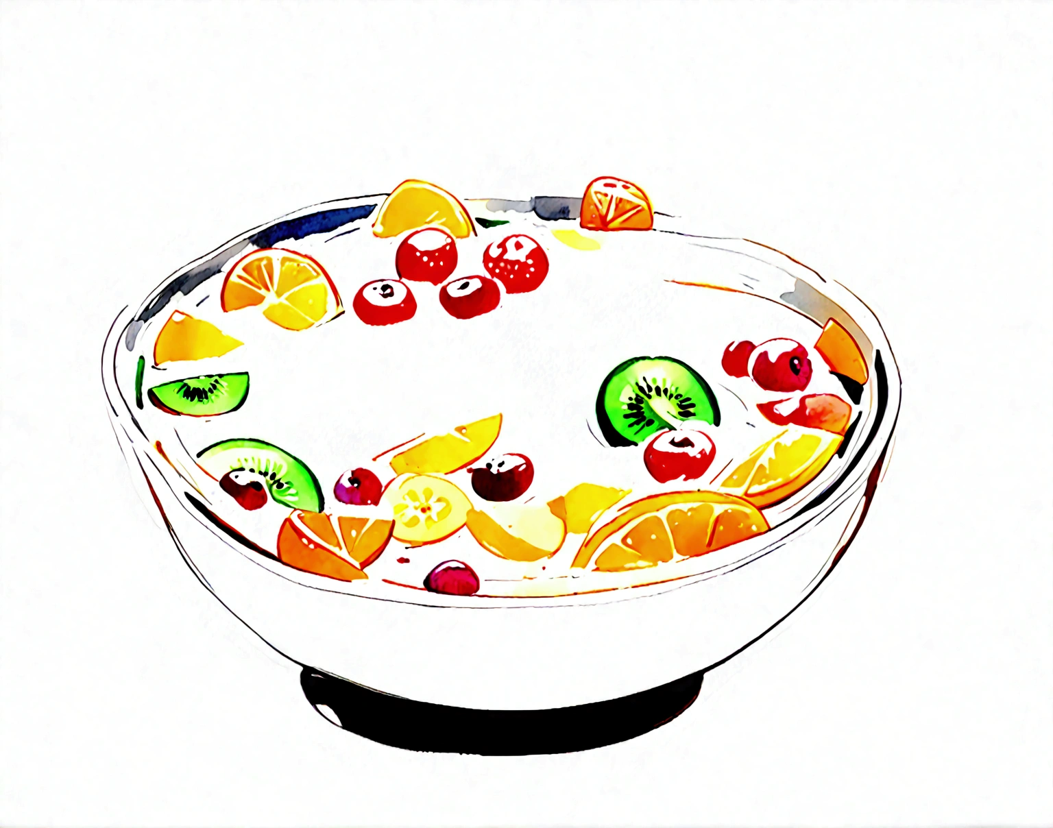 8k, super detail, award winning, highres, amazing quality, accurate, (((solid white background))), ((minimalist)), ((negative space)), a bowl full of fresh fruit salad, the bowl are made form wood, capture the fresh and delicious taste from the food, no object clip, no shadow clip, no blur, no human, no person, no text, no symbol, pseudo, beautiful color. ((watercolor)), wash out color