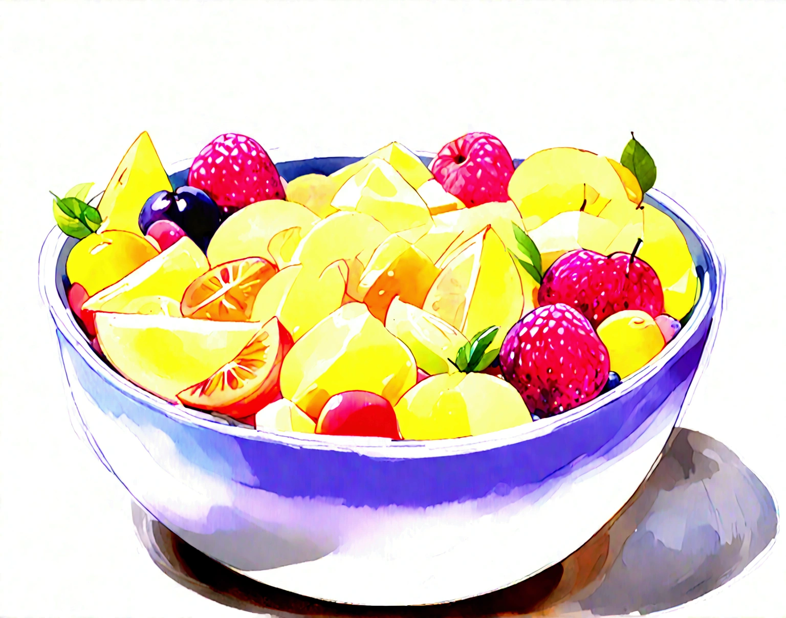 8k, super detail, award winning, highres, amazing quality, accurate, (((solid white background))), ((minimalist)), ((negative space)), a bowl full of fresh fruit salad, the bowl are made form wood, capture the fresh and delicious taste from the food, no object clip, no shadow clip, no blur, no human, no person, no text, no symbol, pseudo, beautiful color. ((watercolor)), wash out color