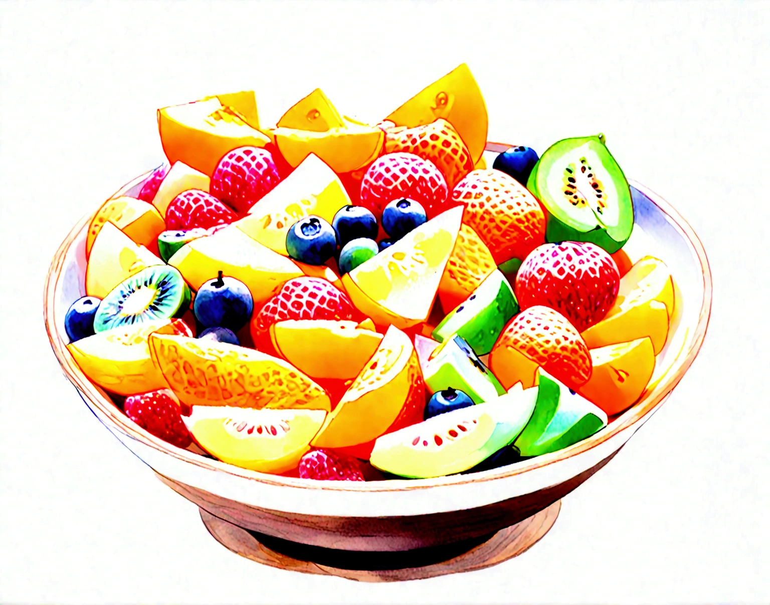 8k, super detail, award winning, highres, amazing quality, accurate, (((solid white background))), ((minimalist)), ((negative space)), a bowl full of fresh fruit salad, the bowl are made form wood, capture the fresh and delicious taste from the food, no object clip, no shadow clip, no blur, no human, no person, no text, no symbol, pseudo, beautiful color. ((watercolor)), wash out color