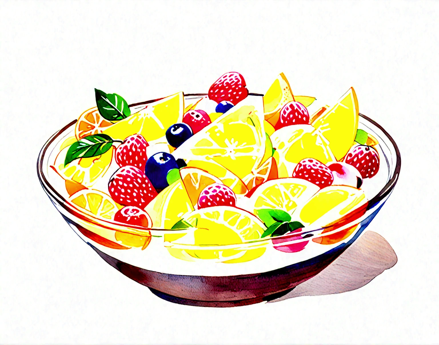 8k, super detail, award winning, highres, amazing quality, accurate, (((solid white background))), ((minimalist)), ((negative space)), a bowl full of fresh fruit salad, the bowl are made form wood, capture the fresh and delicious taste from the food, no object clip, no shadow clip, no blur, no human, no person, no text, no symbol, pseudo, beautiful color. ((watercolor)), wash out color