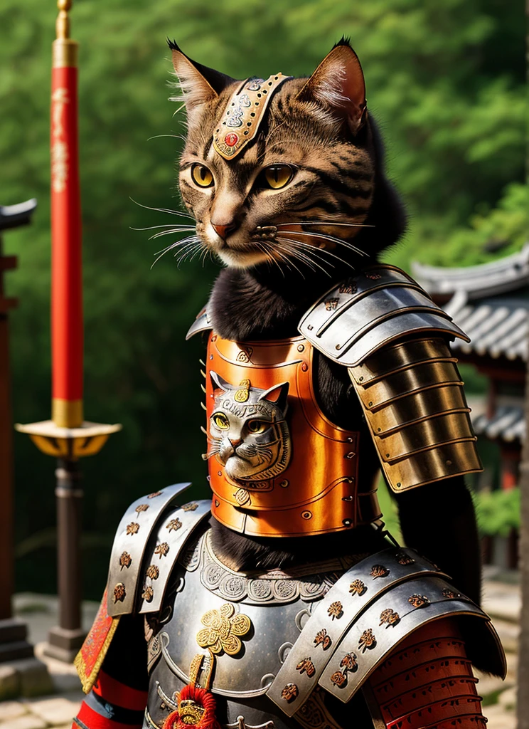 An ancient anthropomorphic cat samurai using an ancient samurai armor, photography, beautiful, bokeh temple background, colorful, masterpieces, top quality, best quality, official art, beautiful and aesthetic, realistic