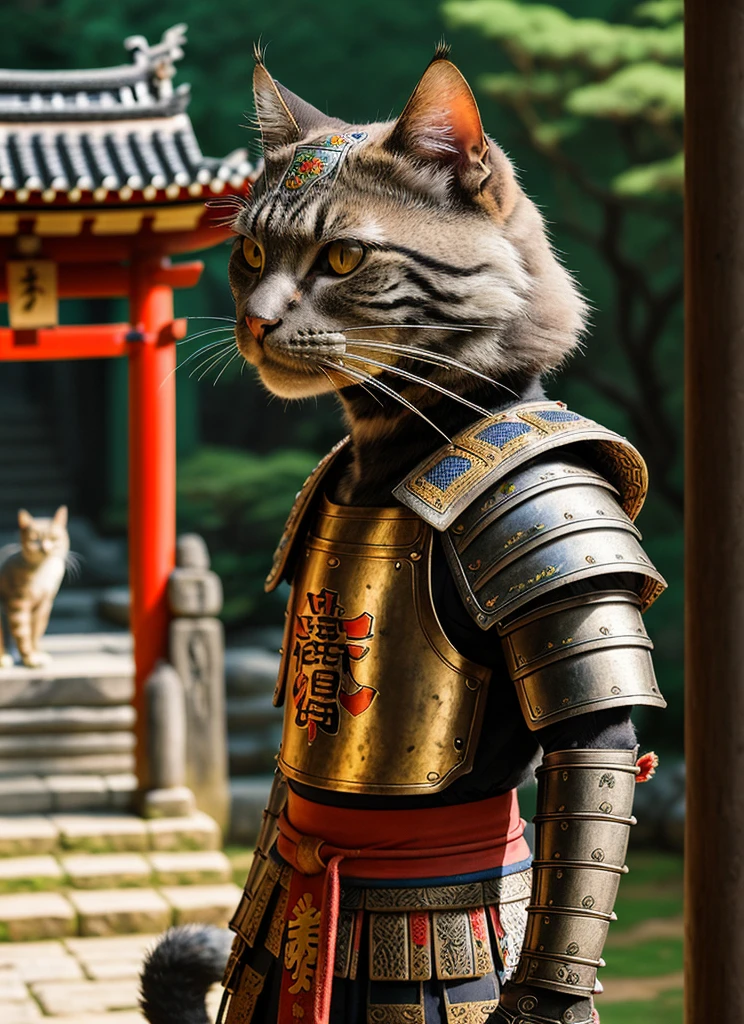 An ancient anthropomorphic cat samurai using an ancient samurai armor, photography, beautiful, bokeh temple background, colorful, masterpieces, top quality, best quality, official art, beautiful and aesthetic, realistic