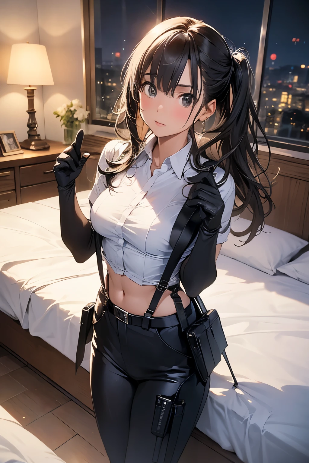 Highest quality, masterpiece, Ultra-high resolution, (realism: 1.4), Oil painting style, Cinema Lighting, An endless grassland dotted with a few houses, I stood on the empty asphalt road and looked at it., Fairy Mountain々was shrouded in mist, And the suspenders with the cranes flying Moderate breasts Small face holster Beautiful woman Lying in bed Looking up Sweat belt summer 脇Sweat Black Hole Gloves suit shirt Black jacket Black trousers Leg Links ズボンにbelt holster Nipples show through the top of clothes