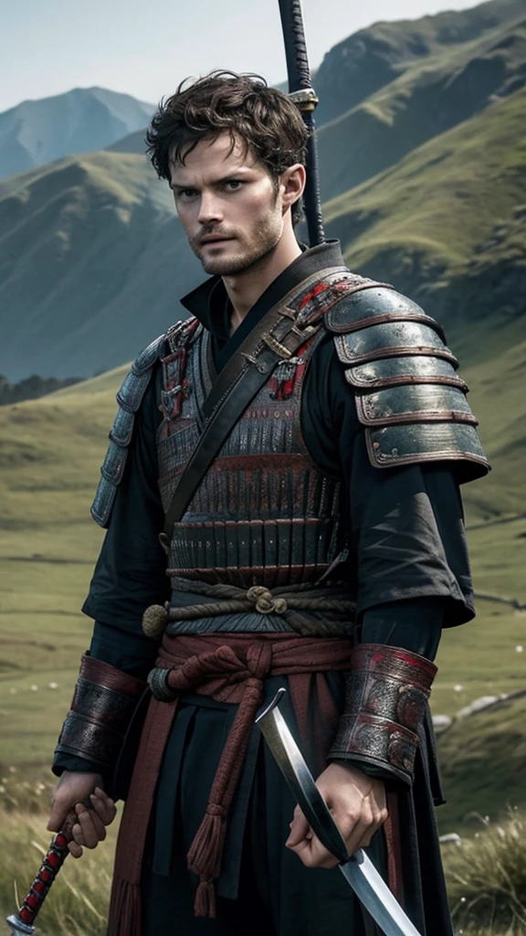 Jamie dornan as a samurai warrior stands ready on battlefield with sword in hand.