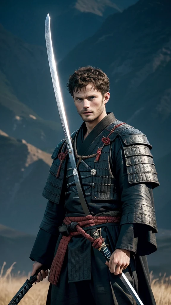 Jamie dornan as a samurai warrior stands ready on battlefield with sword in hand.