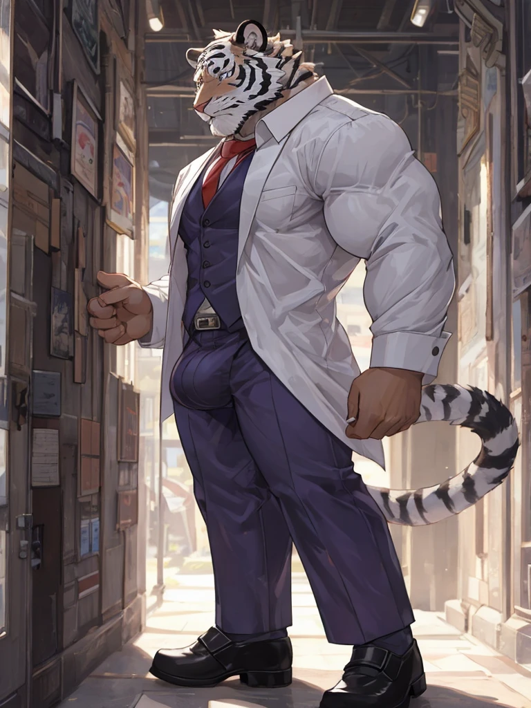 bara furry white tiger male wearing purple trench coat purple trousers and white dress shirt and necktie, loafers, very tall, very broad shoulders, narrow waist, muscular, massive pecs, long legs, huge bulge, beautiful eyes, purple eyes, muscular arms, full body, best quality, high quality, slight side view, silver earring on left ear, dead stare, cold expression