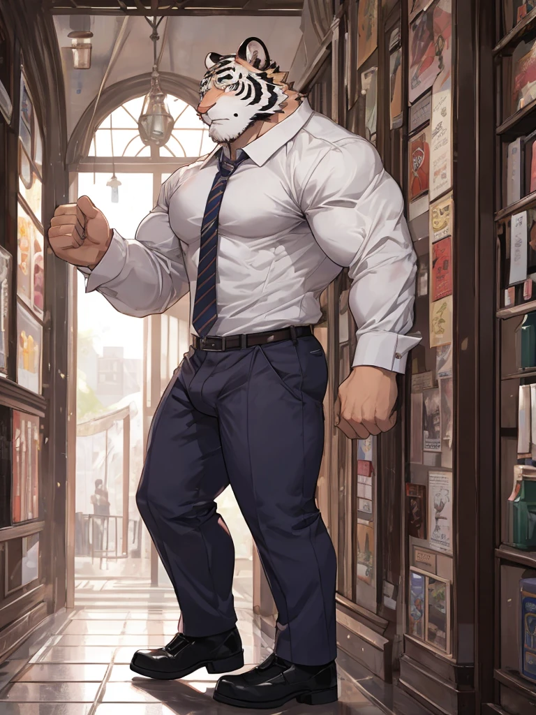 bara furry white tiger male wearing purple trench coat purple trousers and white dress shirt and necktie, loafers, very tall, very broad shoulders, narrow waist, muscular, massive pecs, long legs, huge bulge, beautiful eyes, purple eyes, muscular arms, full body, best quality, high quality, slight side view, silver earring on left ear, dead stare, cold expression