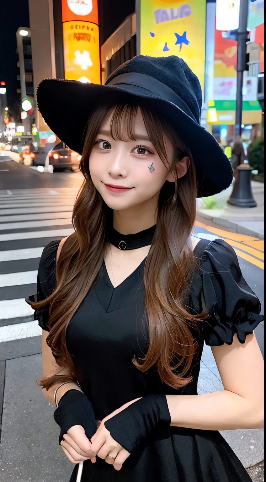 high quality, 最high quality, masterpiece, Very fine、beautifully、detailed, Professional photos, Proper Lighting,
Very beautiful girl, Beautiful Face, Face Tattoos,
Halloween Costumes, Black short dress, Black witch hat, Orange Accessories,
smile, Laughter, Blushed, (thin, Pale skin,:0.8)
Very straight medium hair with single blades,
(Bokeh, Dynamic Angle, city, on the road, Midnight, Shibuya Ward,:0.8)