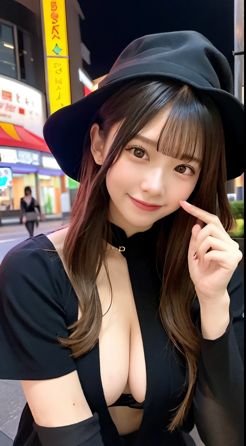 high quality, 最high quality, masterpiece, Very fine、beautifully、detailed, Professional photos, Proper Lighting,
Very beautiful girl, Beautiful Face, Face Tattoos,
Halloween Costumes, Black short dress, Black witch hat, Orange Accessories,
smile, Laughter, Blushed, (thin, Pale skin,:0.8)
Very straight medium hair with single blades,
(Bokeh, Dynamic Angle, city, on the road, Midnight, Shibuya Ward,:0.8)