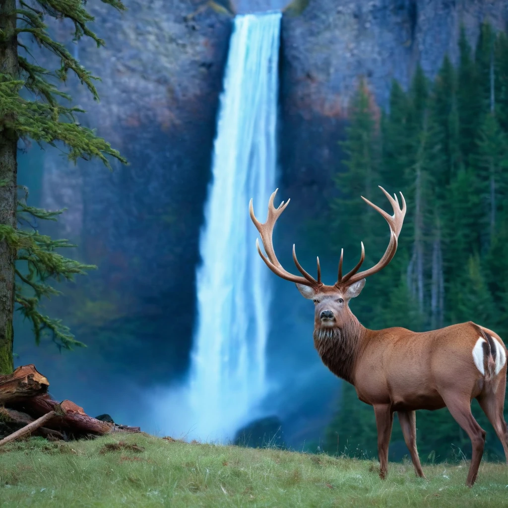 (masterpiece, 8K, UHD, RAW), A large North American red deer with- large antlers, the deer is a large male buck standing in the clearing of the great red wood Forest, there is a distant waterfall, and snow capped mountains, deep blue sky and vivid colours, there's a beautiful nude blonde woman standing near the deer, she has long hair and large breasts