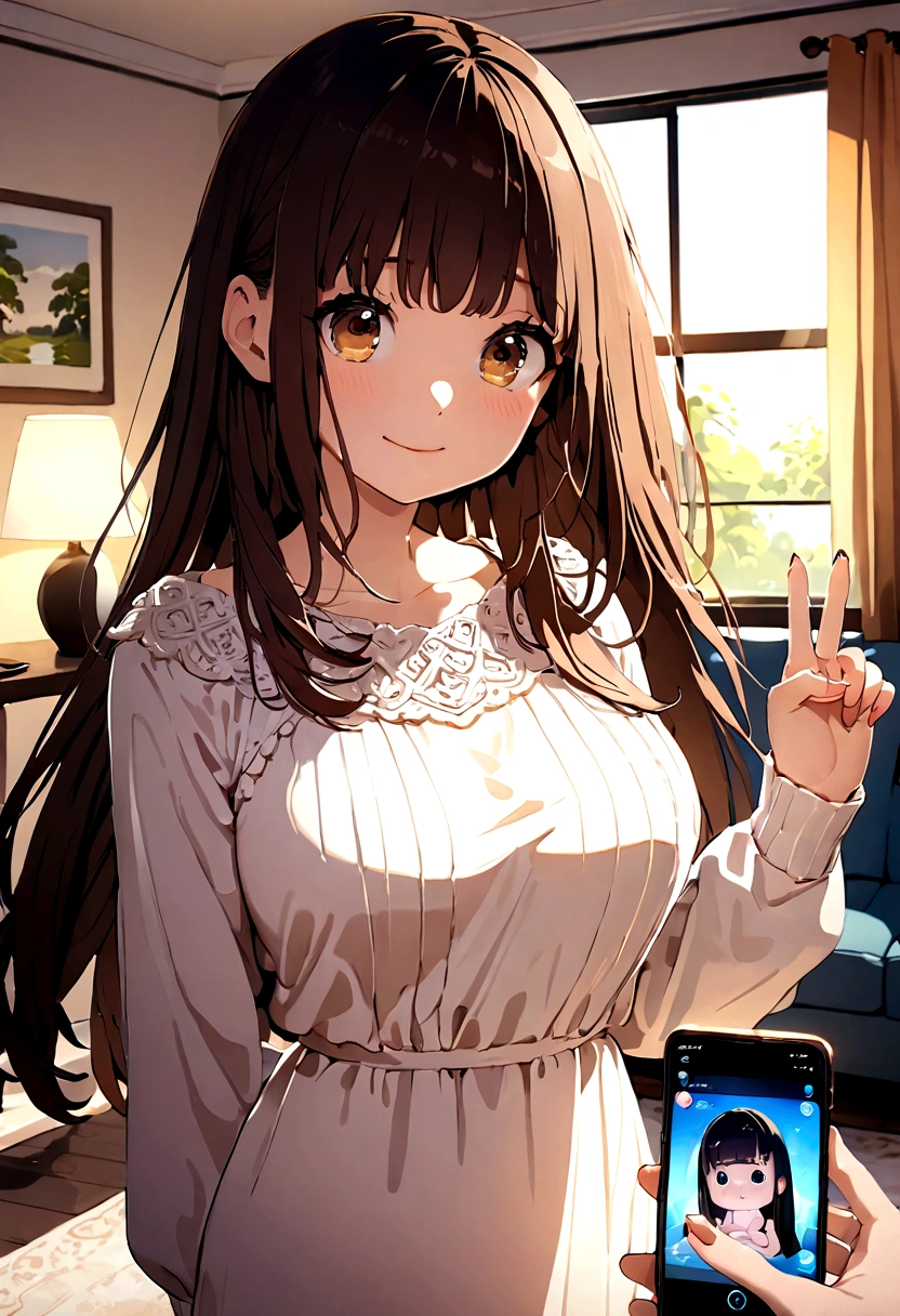 ((1girl)), super fine illustration, vibrant colors, absurdres extremely detailed CG, 8k wallpaper, (masterpiece:1.3), dynamic angle, dynamic pose,
best quality, depth of field, cinematic lighting, ultra detailed, brown long hair, very straight hair, large breast, white knit dress , 20yo, cute, very baby face, brown eyes, kawaii, smile, droopy eyes, arms at sides, smartphone, modern living room, peace fingers, The screen of the smartphone in his hand is facing towards me