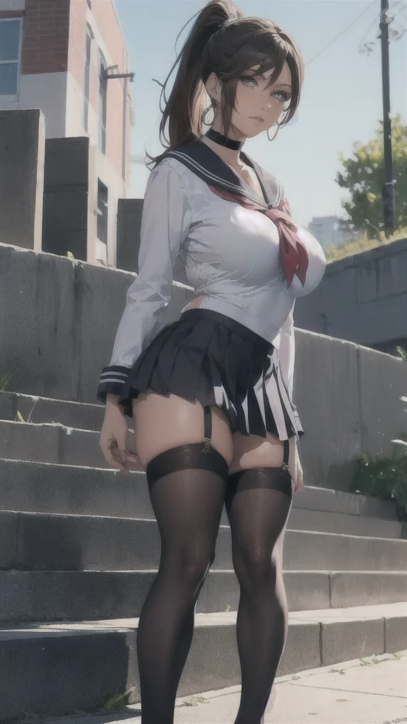 ((Correct Anatomy)),(Detailed image quality),(Female student)、((school uniform))、((Sailor suit))、(Mini Pleated Skirt),(((Black Stockings))),((School Uniform)),((standing)),Ultra-high resolution,Mature Woman, Mature Woman, Very detailed,Sunburned skin,Brown Skin,((Beautiful legs)), (Big Breasts),((Beautiful feet)),Perfect hands, Detailed fingers, Beautiful details, ((Long, long hair)),((ponytail)),Black Choker, Earrings,loafers,Perfect Eyes, Captivating eyes,(School stairs)