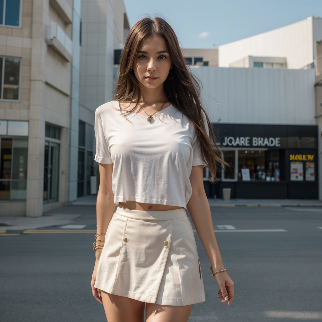 1girl in, 30 years old, Square face, Long hair, Looking at viewer, jewelry, Reality, Sexy, Short skirt outfit, sky background , free pose