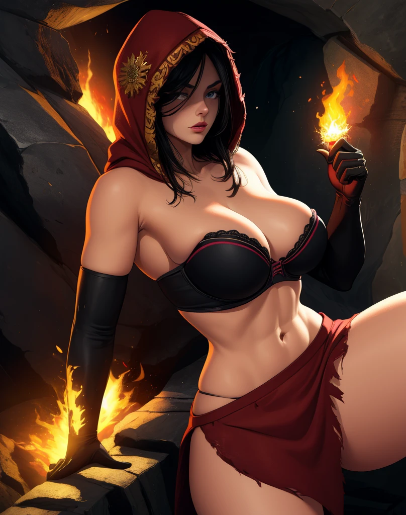 Dsorceress,shadowy face,dark cave,fire, hood, shadowed face,strapless bra, no panty, miniskirt, slim and athletic body, elbow gloves, dark skin, 1 girl (insanely detailed, masterpiece, best quality),