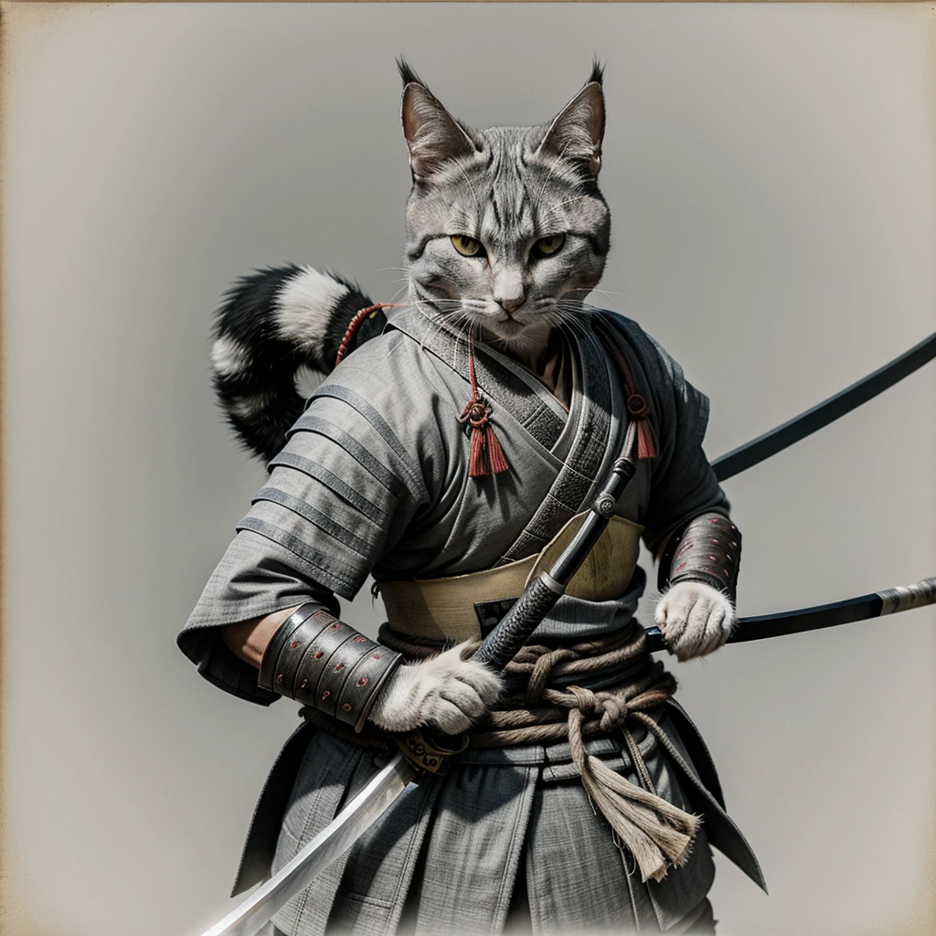 Samurai warrior Grey and White cat with Katana, feudal Japan, high quality, faded image, lines