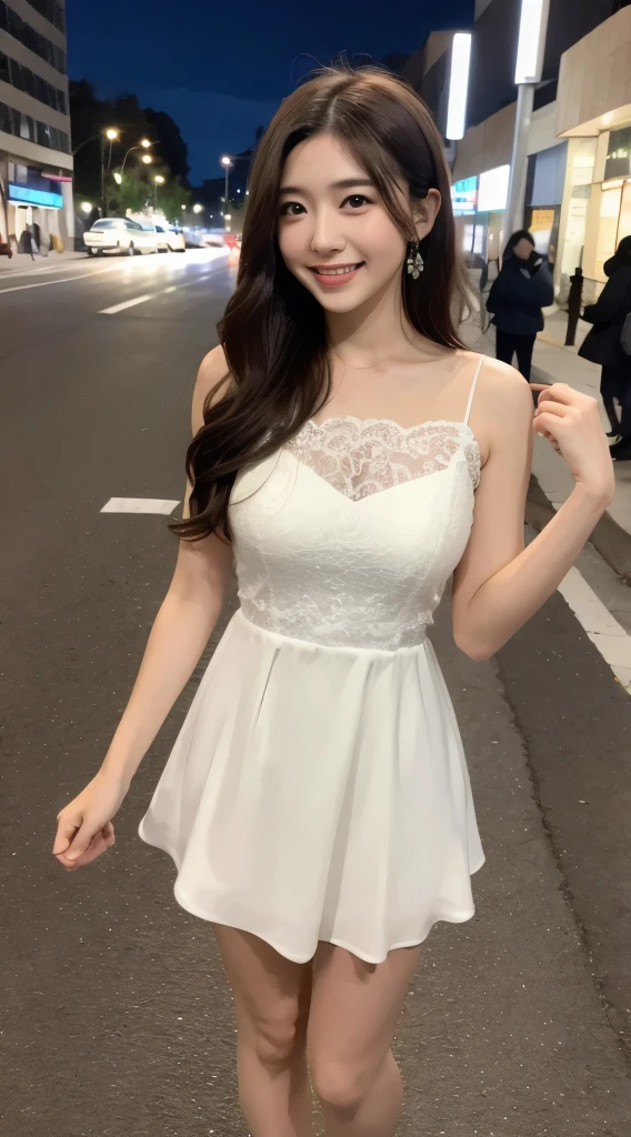 (((Yumikanok))),((Best quality, 8k, Masterpiece :1.3)), 1girl, smiling, full body, slim face, Pretty woman, (Dark brown hair), full white length dress :1.1, Ultra-detailed face, Detailed eyes, Double eyelid, blur background, slim face, night city, outside, street,