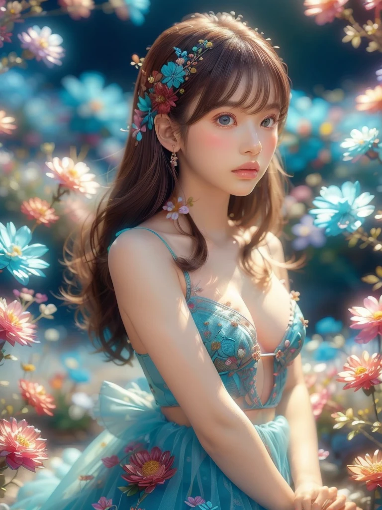 (Fashion magazines are a big hit:1.2),(Attractive woman:1.3),(Beautiful and delicate eyes:1.2),(Fashion clothing design:1.2),(Tulle texture:1.1),turquoise Flowers,surrounded by Flowers,Transparent dew,Fresh and elegant,(Flowers blooming wildly:1.2),Delicate buds,Turquoise blue atmosphere,(masterpiece:1,2),Highest quality,masterpiece,High resolution,original,Highly detailed wallpaper,Perfect lighting,(Extremely detailed CG:1.2)Flowers,turquoise Flowers,full_body, Huge_chest, whole body、(((Brown Hair 1.5)))、Transparent muscle、Whitening、Graceful pose 1.5
