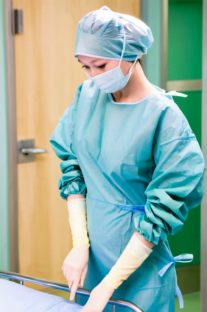 score_9, score_8_up, score_7_up, masterpiece, highest quality, can see the whole body, pale skin, shy eyes, cover the ears, big breasts, surgical mask, surgical cap, long sleeve surgical gown,
1 girl, pregnant, solo, rubber gloves, frown, standing, in one hospital, hospital bed,