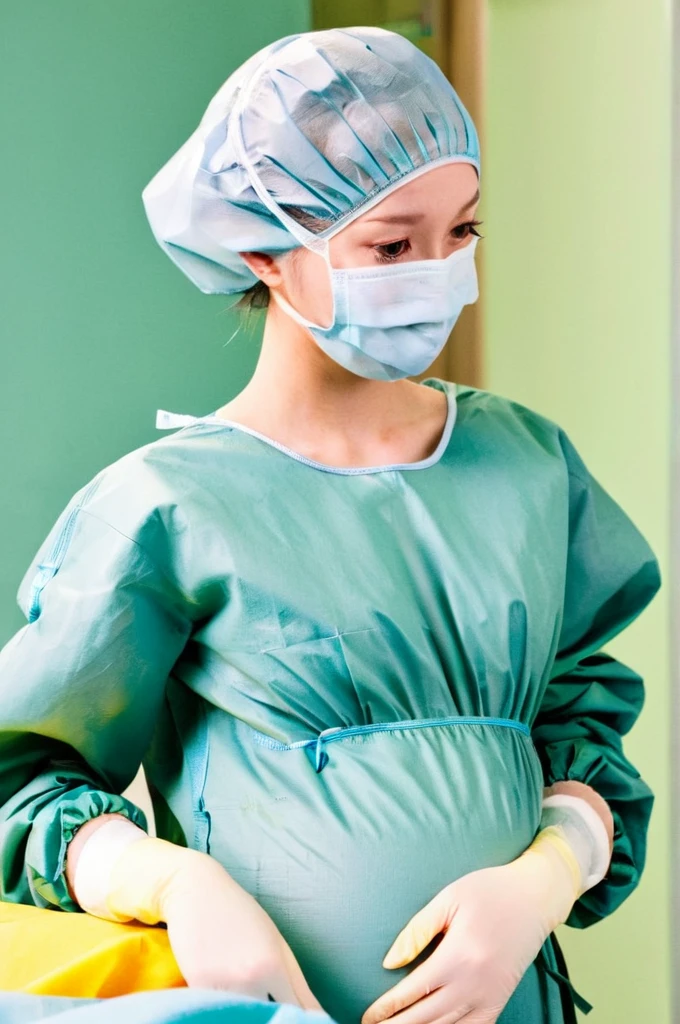 score_9, score_8_up, score_7_up, masterpiece, highest quality, can see the whole body, pale skin, shy eyes, cover the ears, big breasts, surgical mask, surgical cap, long sleeve surgical gown,
1 girl, pregnant, solo, rubber gloves, frown, standing, in one hospital, hospital bed,
