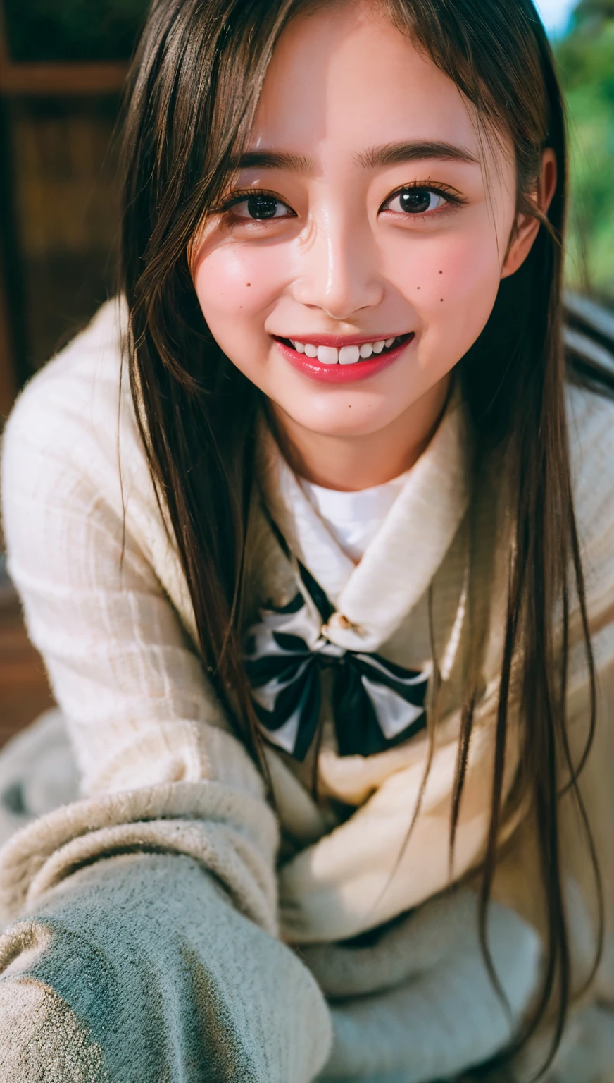((highest quality、8k、masterpiece:1.3)),((((cowboy shot)))),Ultra-high resolution,big eyes,Japanese,forehead,bangs,(a girl),(1 girl),((16 years old)),((cute)),pretty,((facing at viewer)),(long hair),((black clothes)),grin