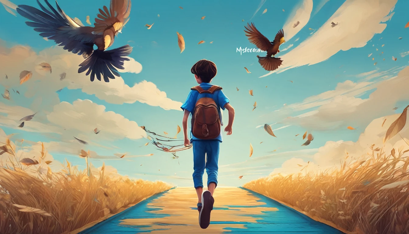 Create a professional, fantastic, cinematic Youtube Banner for a brand about music and stories called " Penamemoria". Masterpiece, 4k, sharp focus, highest quality,wide shot. The title is " Penamemoria". Is a brand about the creative, unique journey of a boy into becoming a musician storyteller. In his journey he finds inspiration in a world of birds and feathers. Minimalistic, simple, poetic, dreamy logotype at the center of the image. The Background image is a world full of fantastic feathers, unique birds, light blue sky, and a boy running happily into the horizon with an acoustic guitar in his right hand. Boy running against the wind, almost simulating like he is flying