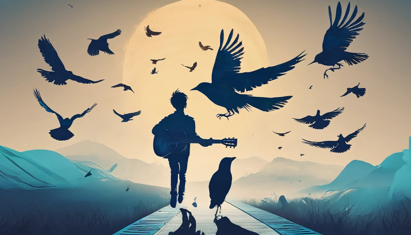 Create a professional, fantastic, cinematic Youtube Banner for a brand about music and stories called " Penamemoria". Masterpiece, 4k, sharp focus, highest quality,wide shot. The title is " Penamemoria". Is a brand about the creative, unique journey of a boy into becoming a musician storyteller. In his journey he finds inspiration in a world of birds and feathers. Minimalistic, simple, poetic, dreamy logotype at the center of the image. The Background image is a world full of fantastic feathers, unique birds, light blue sky, and a boy running happily into the horizon with an acoustic guitar in his right hand. Boy running against the wind, almost simulating like he is flying