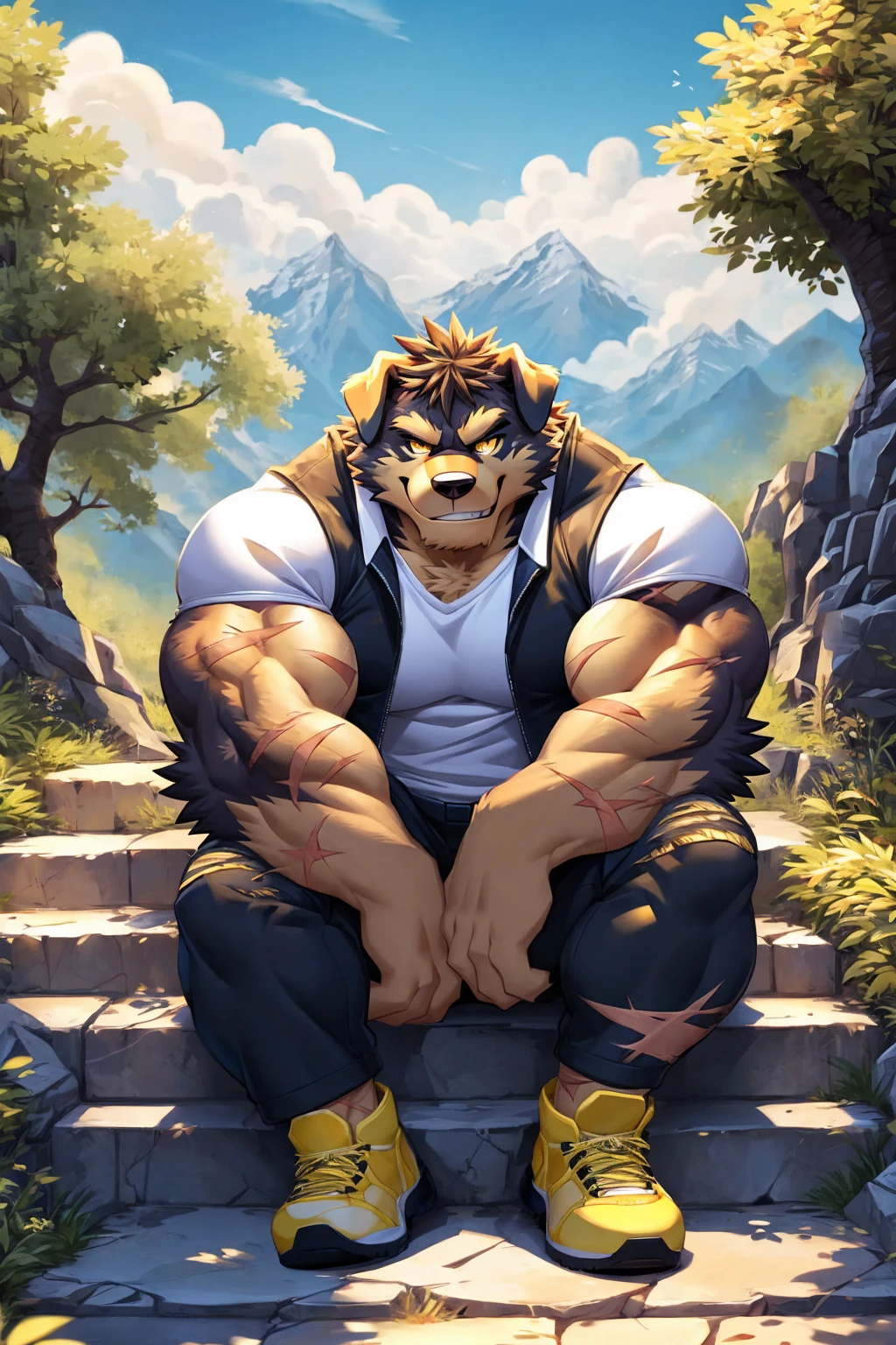 (sfw:1.5), male focus, Handsome 1boy, solitary,protrait photo, (White thick eyebrows:1.3), single, (Black nails, Black claws:1.4), yellow skin, Black hair, (black and yellow tail:1.4), (perfect golden eyes:1.4), (black and yellow body:1.3), (yellow chest:1.1), (black and yellow ears:1.4),
Tibetan Mastiff, feet, black Tibetan mastiff, dog, Tibetan mastiff boy, Tibetan mastiff body, (evil eyes, big eyes, large eyes:1.4), (Chubby, The body is huge, Larger face:1.3),
(White short-sleeved shirt, Black vest:1.4) , (Black trousers:1.4),(yellow short shoes:1.4), (White socks:1.2), (blue whistle:1.3), (Lots of scars, lots of scars, Lots of scars:1.3),
(full body:1.3), (Mature men:1.4), (Strong body, muscle,Strong male, muscle男:1.3), (Sitting, Sitting on the steps:1.4), (Looking at the audience, Focus, Eyes gaze:1.2), (evil smile, evil grin, Smirk:1.4),
full background, Faculty, roadside, Stone steps, Mountain, Blue sky, White Cloud, Trees, Sunlight, daytime,
Mysterious and romantic atmosphere, Caustic lines(refraction, polarization)Perfect anatomical structure, absurd, Detailed background, (Delicate eyes:1.3),Printing style。((artist:Takemoto Arashi))