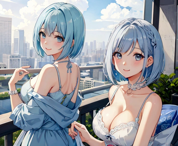 Highest quality、High resolution、masterpiece、Cute anime-style illustrations、One image、One Woman、Light blue hair、Short Bob、Grey Eyes、White Cami Dress、Big Breasts、Stylish older sister、smile、city