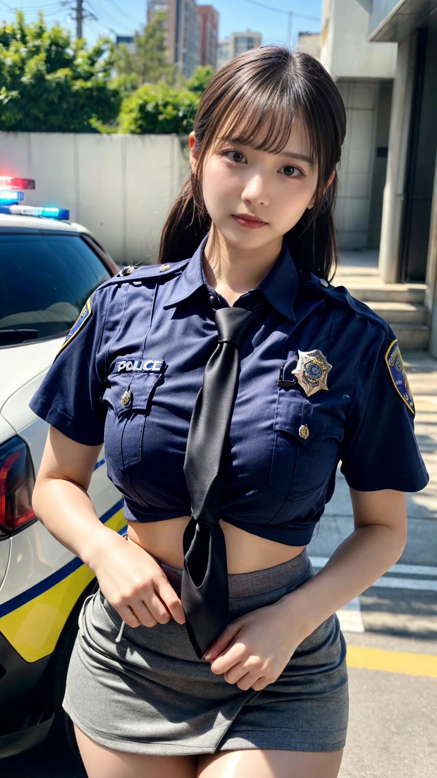 (8K, RAW Photos, Highest quality, masterpiece:1.3), (professional photography, full colors, studio-caliber color grading), (Gravure quality for high-end fashion magazines), close up, BREAK, (1 female police officer:1.5), 18 year old girl,(perfect long ponytail:1.1), crying a little, Harajuku style, Big Natural Color Lip, (Plumpy body:1.2), (smooth skin.1.1),  (huge breasts1.2), (expresses the roundness and softness of the chest area..1),  BREAK (Tight uniform:1.3),(tight mini skirt:1.2 (navy necktie:1.2