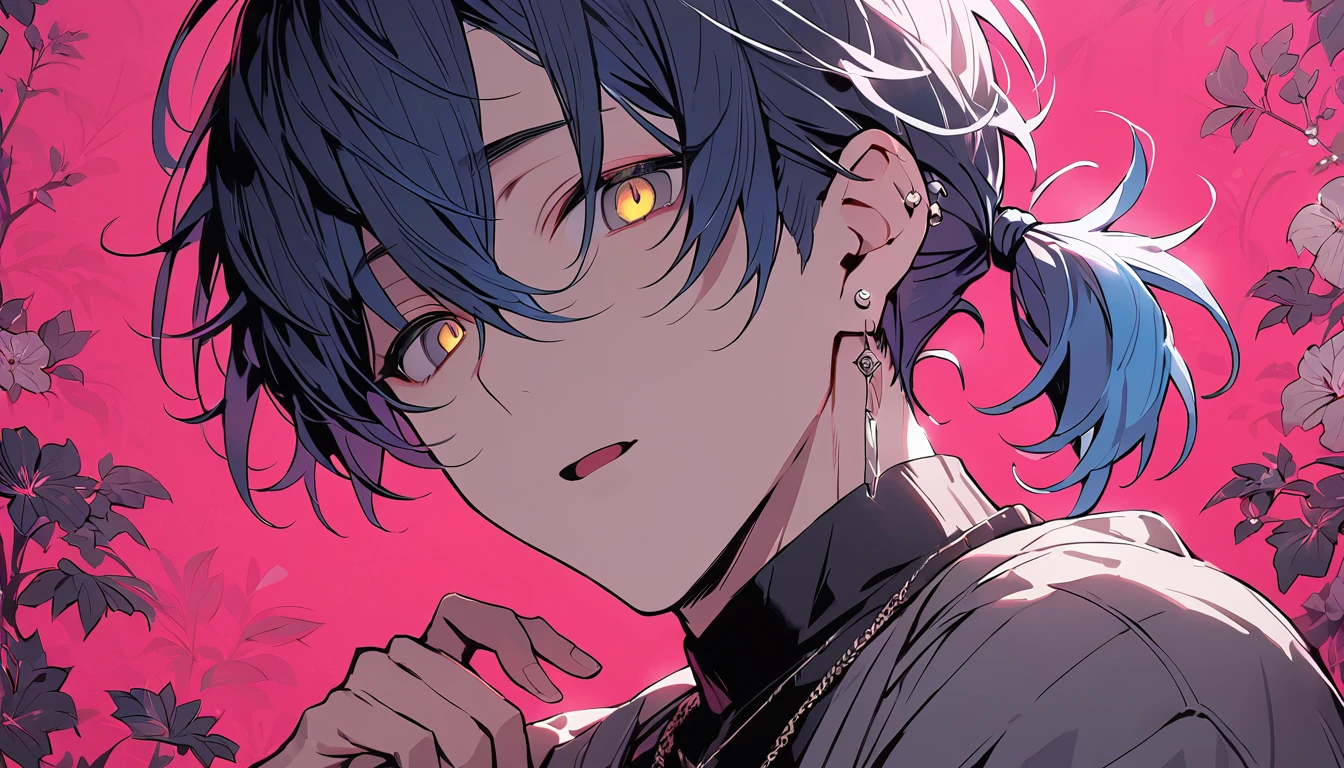 ((((best masterpiece, best quality, wallpaper,)))) solo, guy, male body, small muscles, flat chest, 1male, 30 years old, handsome man, dramatic angle, upper body, looking at viewers, beautiful detailed, staring blankly, mediumturquoise hair, ((((Lower short ponytail)))), asymmetrical bangs, ((short hair,)) ((( jitome, gold eyes, ^o^, tareme, droopy eyes,))) (((perfect face, extremely detailed eyes,))) perfect hands, sharp nose, clear face, black turtleneck, grey cardigan, ((silver piercing, pendant,)) leggings, pink background color ultrasharp, 8K, masterpiece,