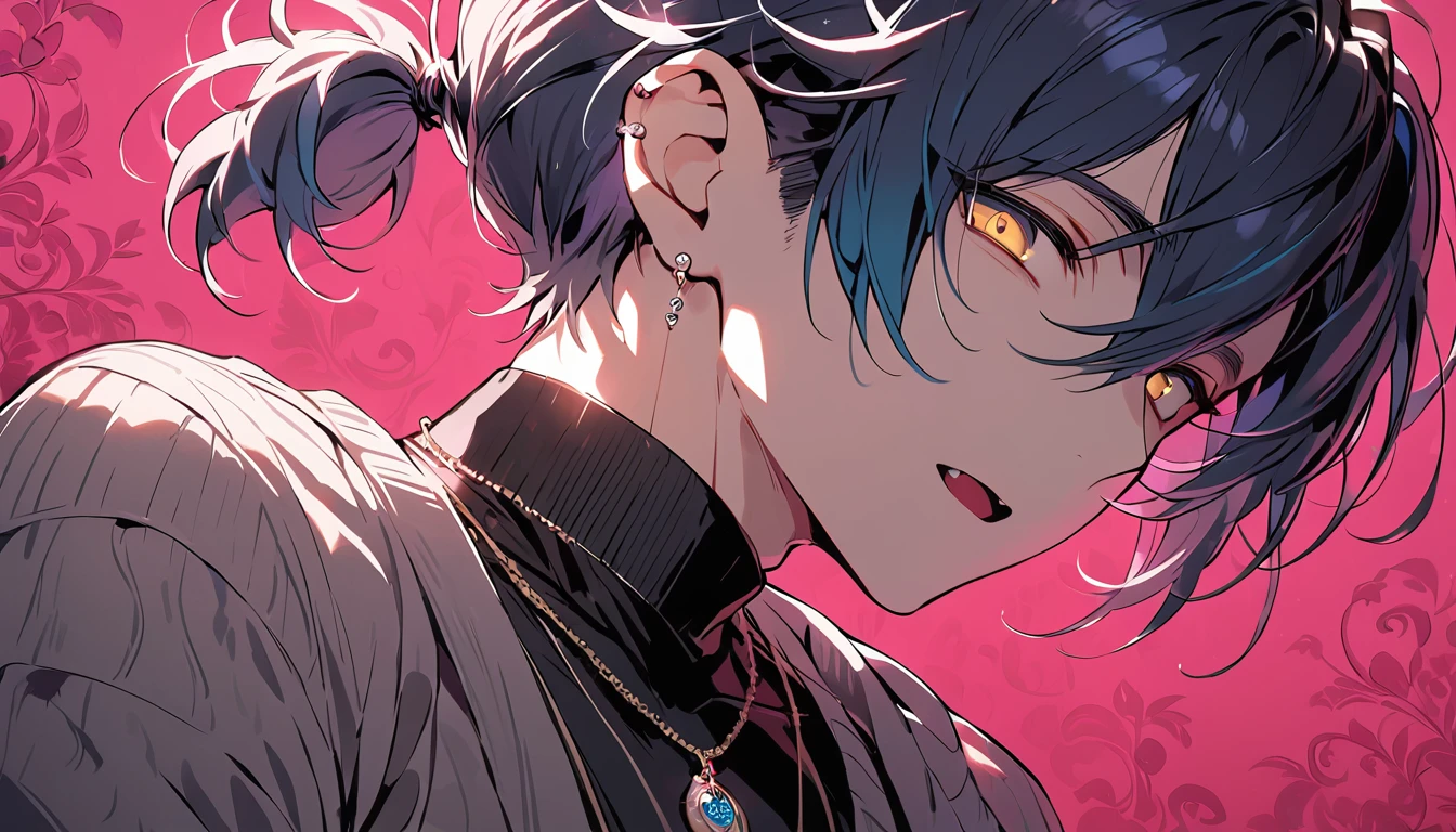 ((((best masterpiece, best quality, wallpaper,)))) solo, guy, male body, small muscles, flat chest, 1male, 30 years old, handsome man, dramatic angle, upper body, looking at viewers, beautiful detailed, staring blankly, mediumturquoise hair, ((((Lower short ponytail)))), asymmetrical bangs, ((short hair,)) ((( jitome, gold eyes, ^o^, tareme, droopy eyes,))) (((perfect face, extremely detailed eyes,))) perfect hands, sharp nose, clear face, black turtleneck, grey cardigan, ((silver piercing, pendant,)) leggings, pink background color ultrasharp, 8K, masterpiece,