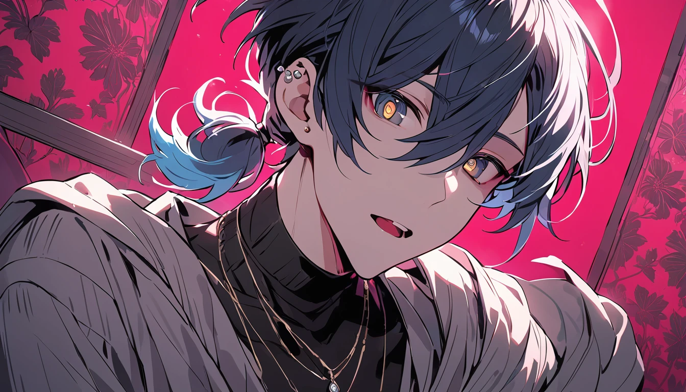 ((((best masterpiece, best quality, wallpaper,)))) solo, guy, male body, small muscles, flat chest, 1male, 30 years old, handsome man, dramatic angle, upper body, looking at viewers, beautiful detailed, staring blankly, mediumturquoise hair, ((((Lower short ponytail)))), asymmetrical bangs, ((short hair,)) ((( jitome, gold eyes, ^o^, tareme, droopy eyes,))) (((perfect face, extremely detailed eyes,))) perfect hands, sharp nose, clear face, black turtleneck, grey cardigan, ((silver piercing, pendant,)) leggings, pink background color ultrasharp, 8K, masterpiece,