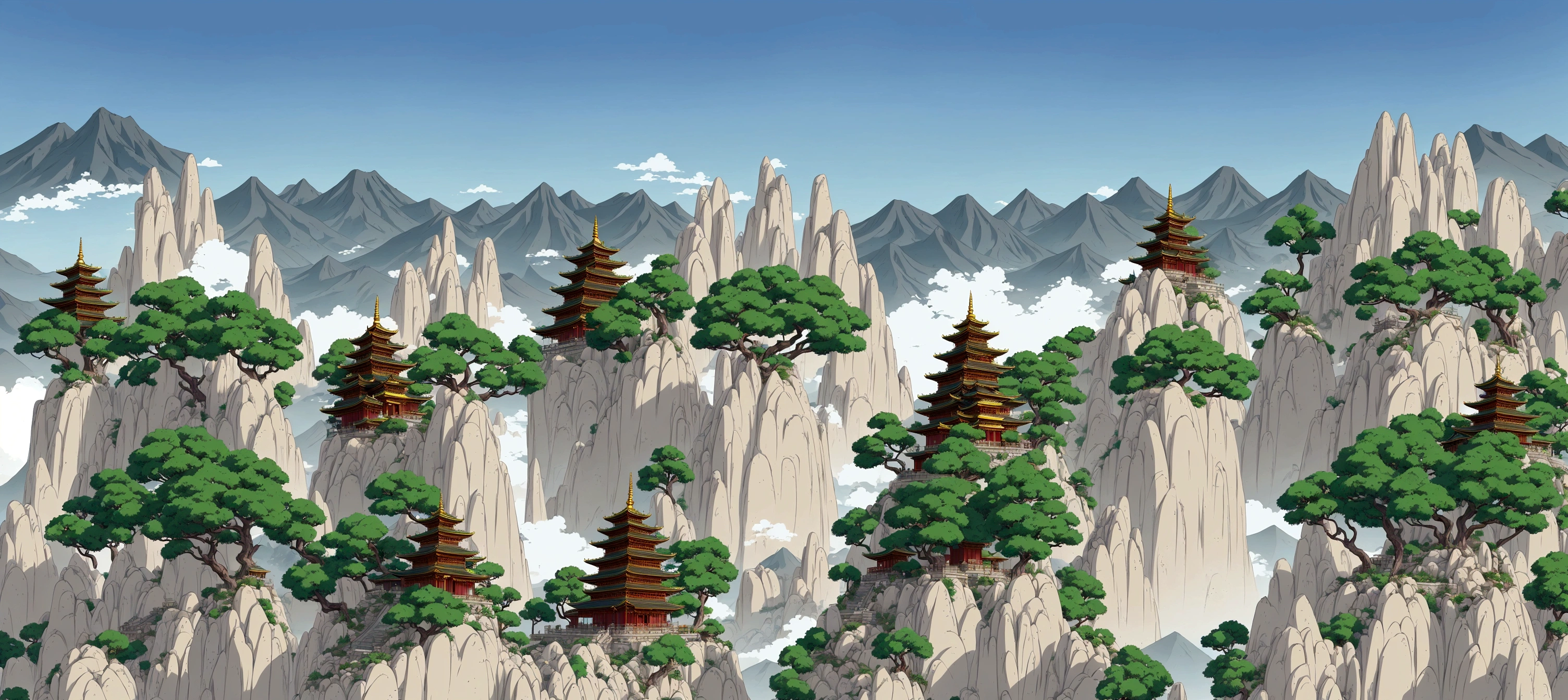 there are many mountains with a pagoda in the middle, temple background, zen temple background, pagodas on hills, dojo on a mountain, mountainous background, detailed scenery —width 672, anime landscape, background depicting a temple, avatar landscape, mobile game background, ancient city landscape, anime landscape wallpaper, 2 d game art background, mountainous area