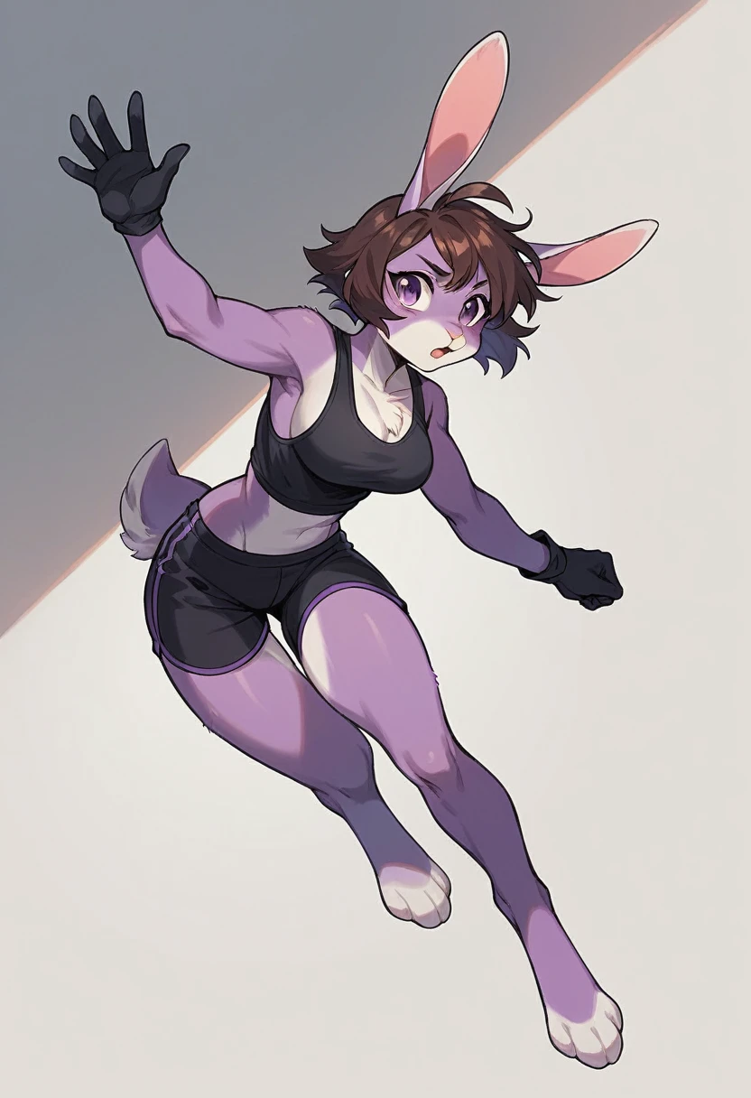 create a picture of a half rabbit character  with purple giant rabbit digitigrade legs with white paws, put purple rabbit ears on top of her head, make her wearing black shorts and a black athletic tank top and black gloves, put purple fur on her arms from her elbows down, give her short brown hair, make her legs look fluffy and furry, make her look like she’s running at full speed, make it in an anime style