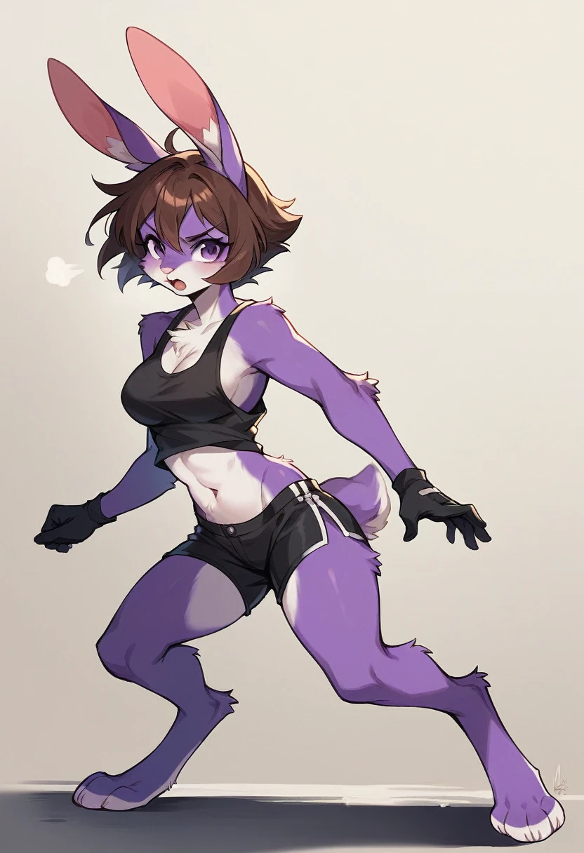 create a picture of a half rabbit character with purple giant rabbit digitigrade legs with white paws, put purple rabbit ears on top of her head, make her wearing black shorts and a black athletic tank top and black gloves, put purple fur on her arms from her elbows down, give her short brown hair, make her legs look fluffy and furry, make her look like she’s running at full speed, make it in an anime style